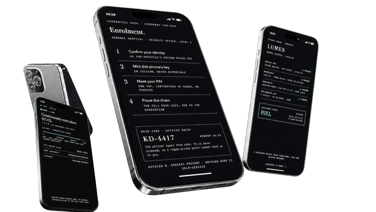 Three LUMEN screens: the enrolment ceremony with its four numbered steps, the completed authentication chain showing assurance grade full, and continuous wear.