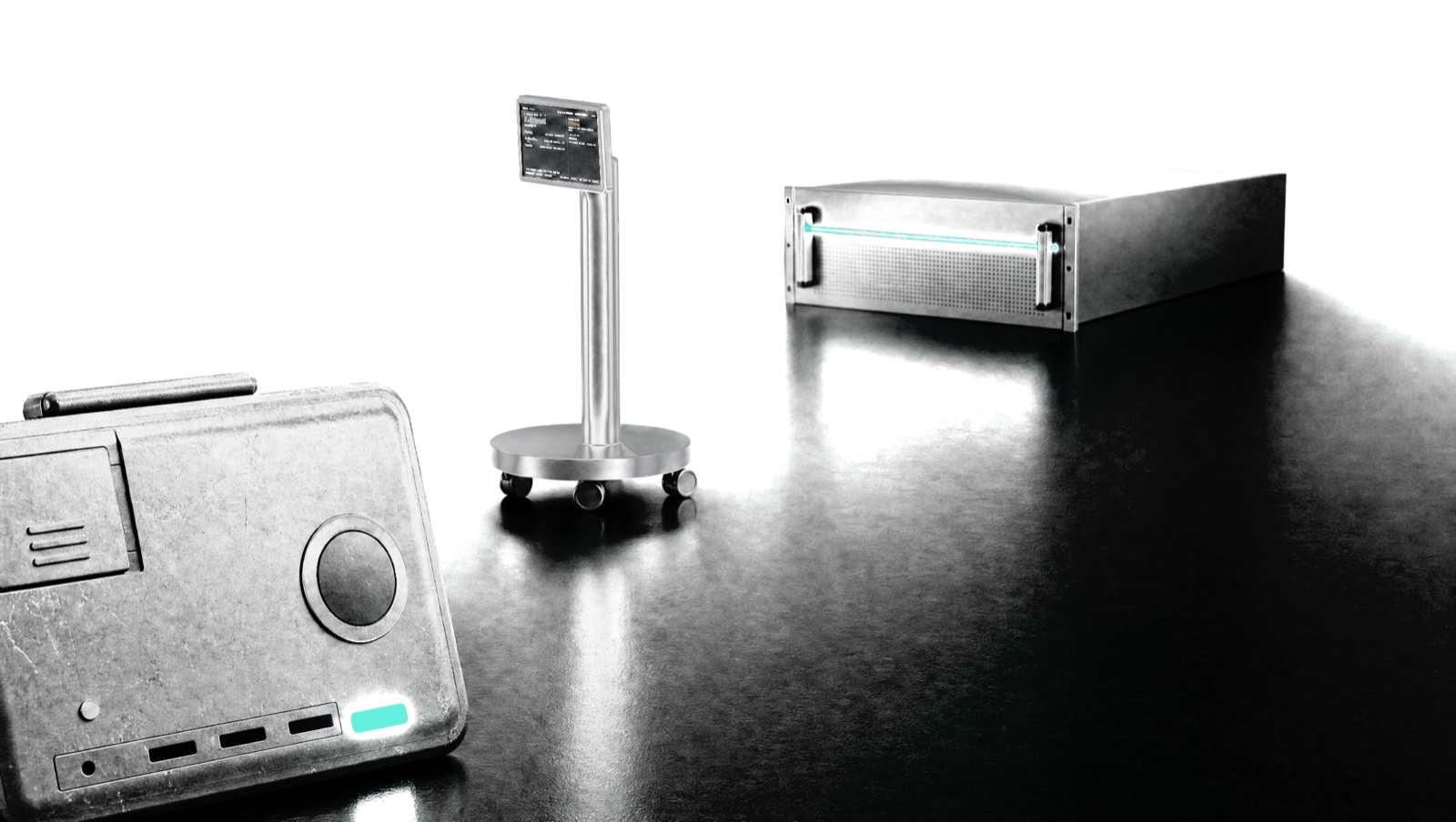 The three LUMEN elements: the Core rack appliance, the Bedside display on its column, and the worn PIN credential.