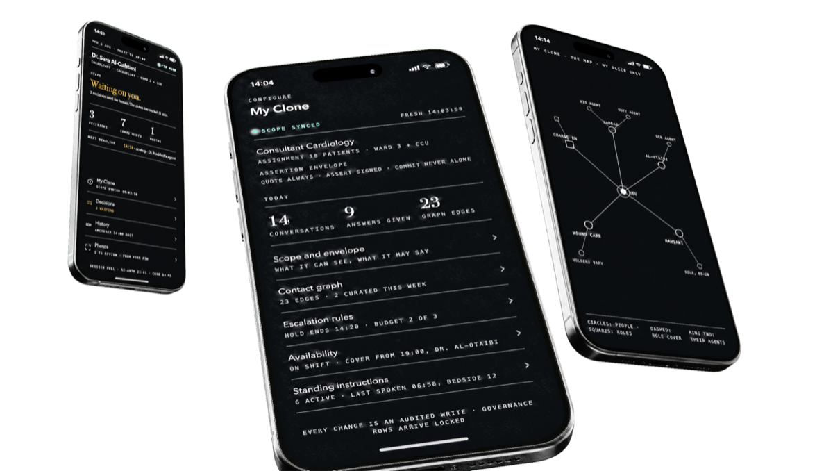 Three LUMEN screens: the clone configuration hub, the contact graph, and the clinician's command deck.